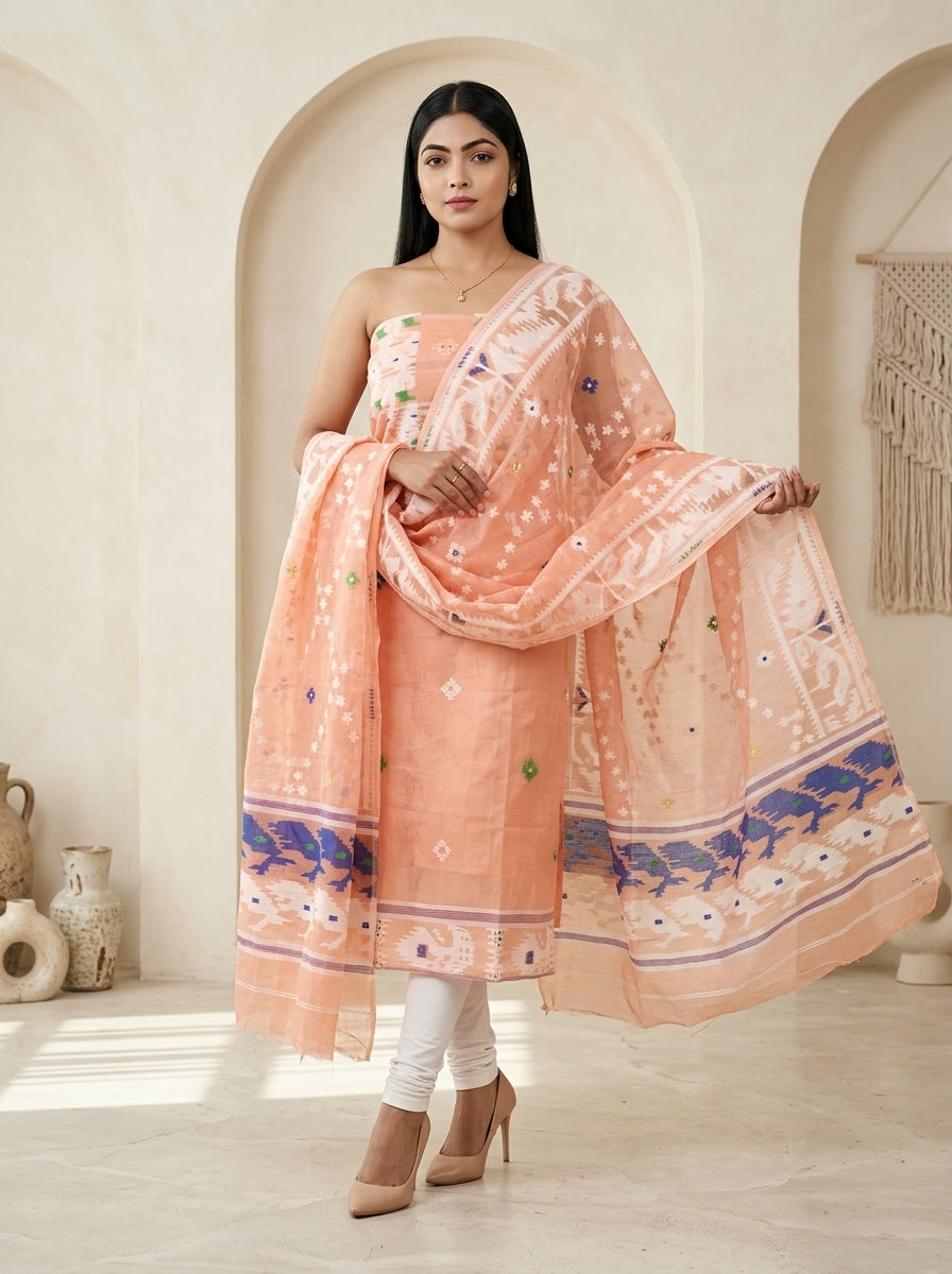 Bhorer Alo Cotton Jamdani Unstitched Dress Material (Kurti Piece and Dupatta)