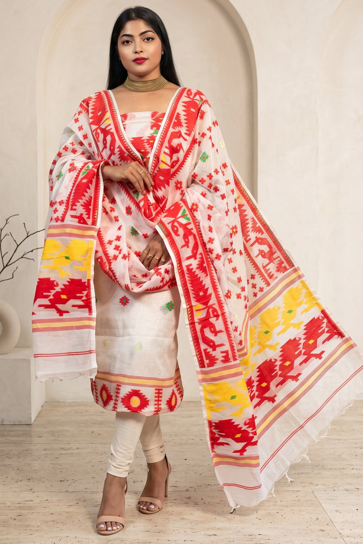 Bhorer Alo Cotton Jamdani Unstitched Dress Material (Kurti Piece and Dupatta)