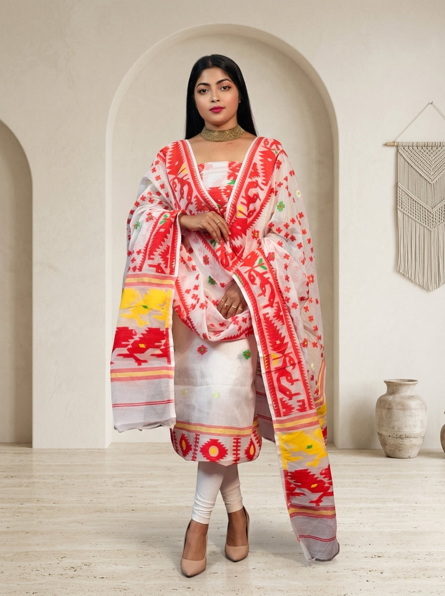 Bhorer Alo Cotton Jamdani Unstitched Dress Material (Kurti Piece and Dupatta)