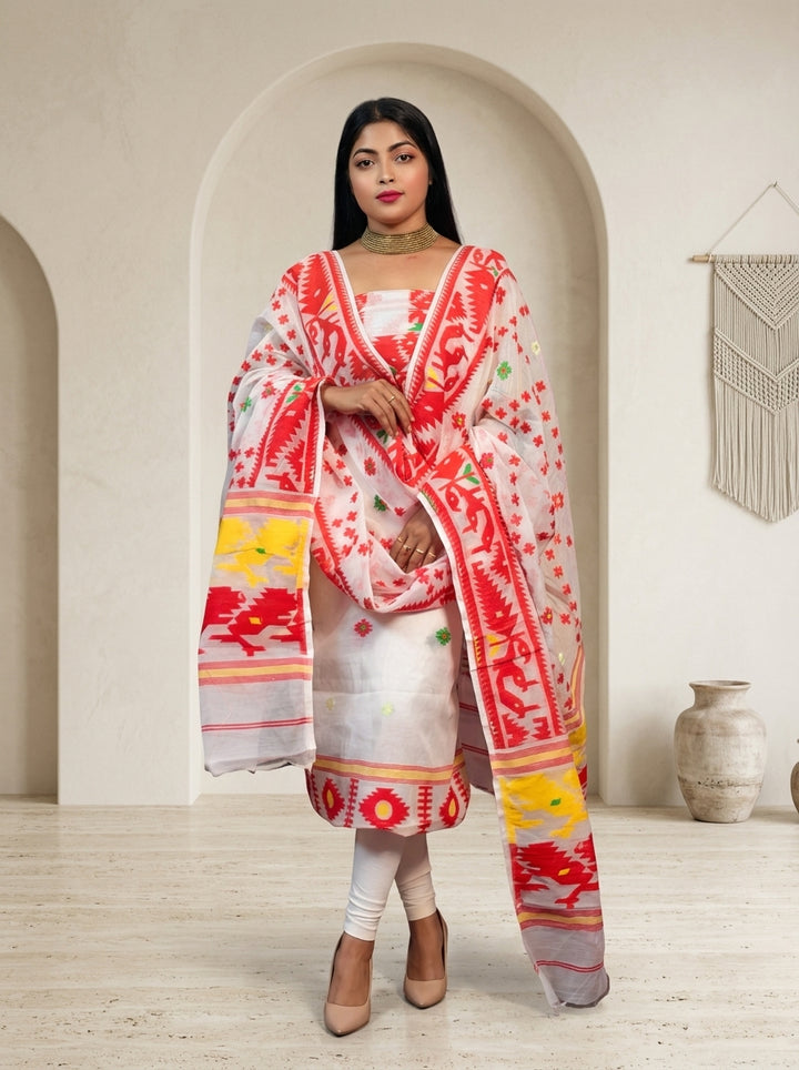 Bhorer Alo Cotton Jamdani Unstitched Dress Material (Kurti Piece and Dupatta)