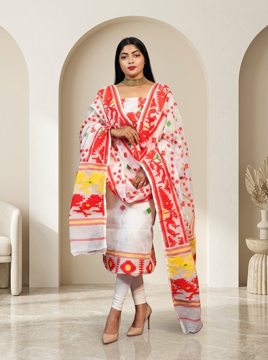Bhorer Alo Cotton Jamdani Unstitched Dress Material (Kurti Piece and Dupatta)