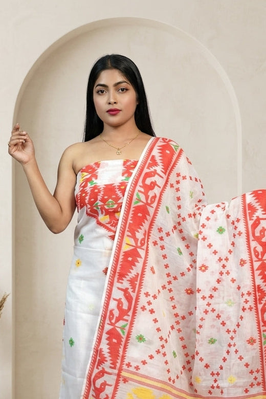 Bhorer Alo Cotton Jamdani Unstitched Dress Material (Kurti Piece and Dupatta)