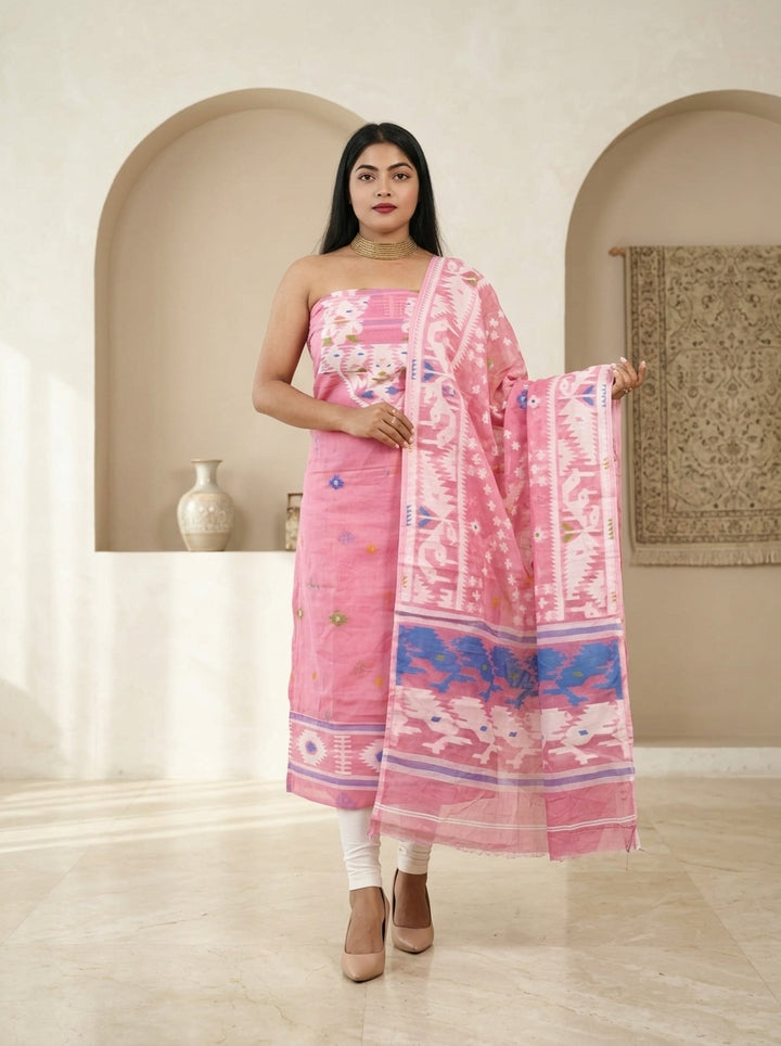 Bhorer Alo Cotton Jamdani Unstitched Dress Material (Kurti Piece and Dupatta)