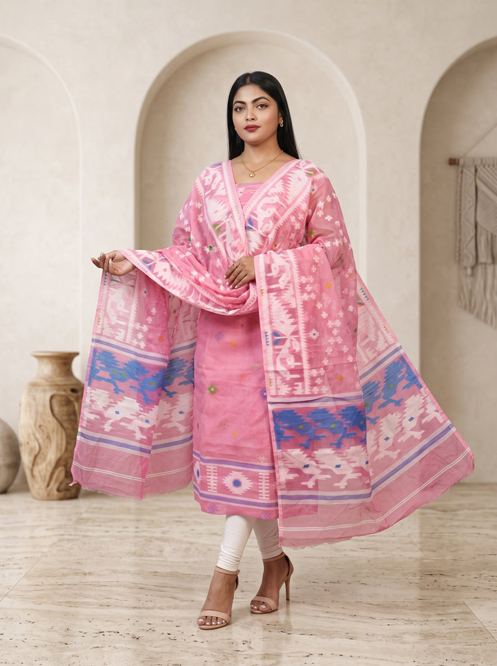 Bhorer Alo Cotton Jamdani Unstitched Dress Material (Kurti Piece and Dupatta)