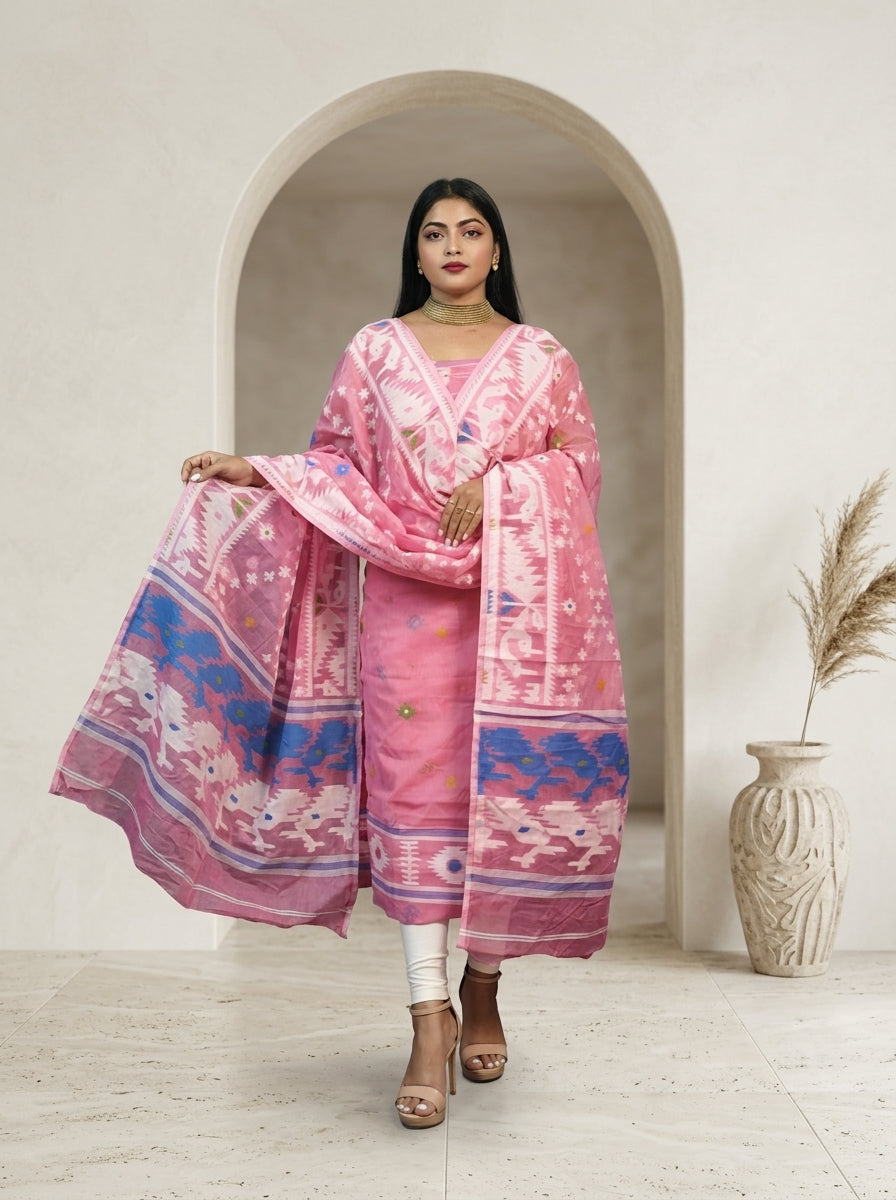 Bhorer Alo Cotton Jamdani Unstitched Dress Material (Kurti Piece and Dupatta)
