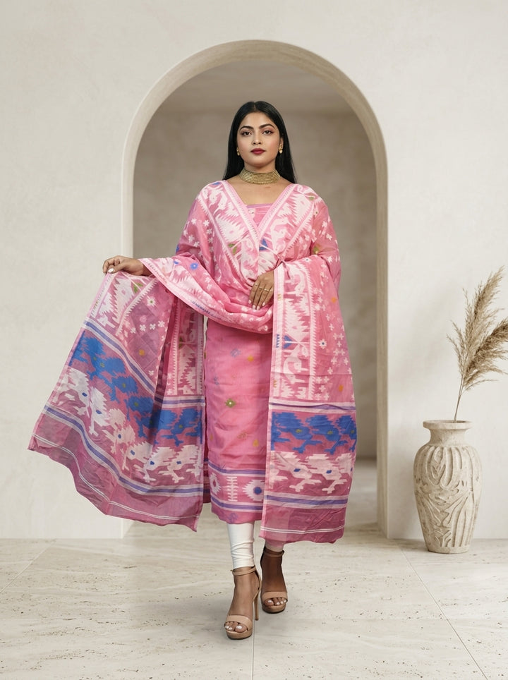 Bhorer Alo Cotton Jamdani Unstitched Dress Material (Kurti Piece and Dupatta)