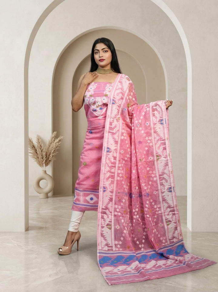 Bhorer Alo Cotton Jamdani Unstitched Dress Material (Kurti Piece and Dupatta)
