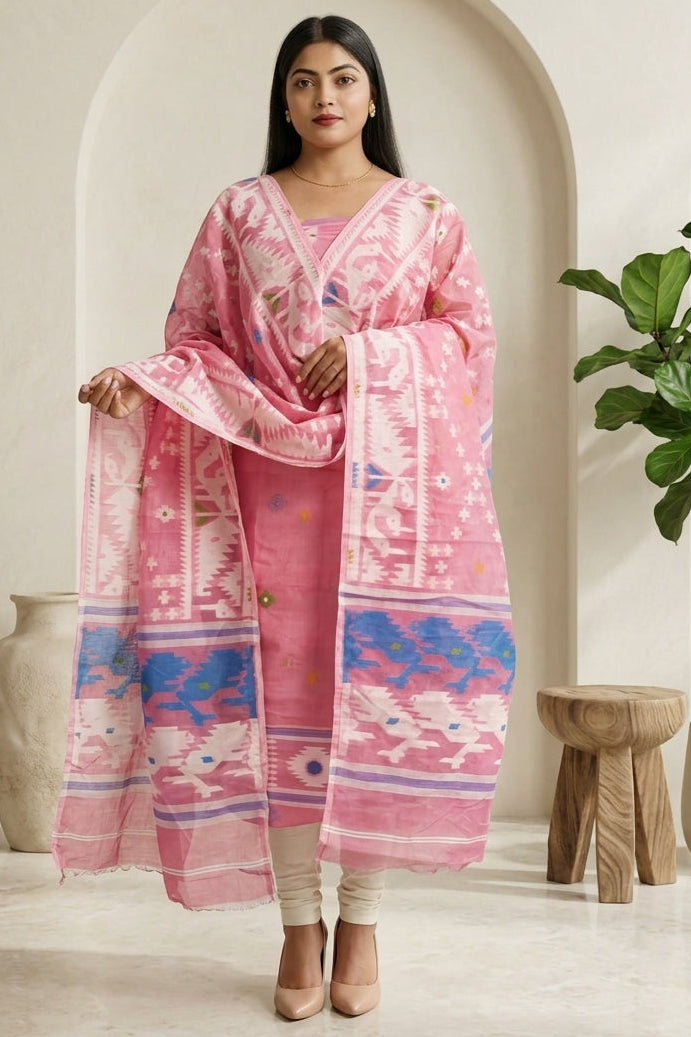 Bhorer Alo Cotton Jamdani Unstitched Dress Material (Kurti Piece and Dupatta)