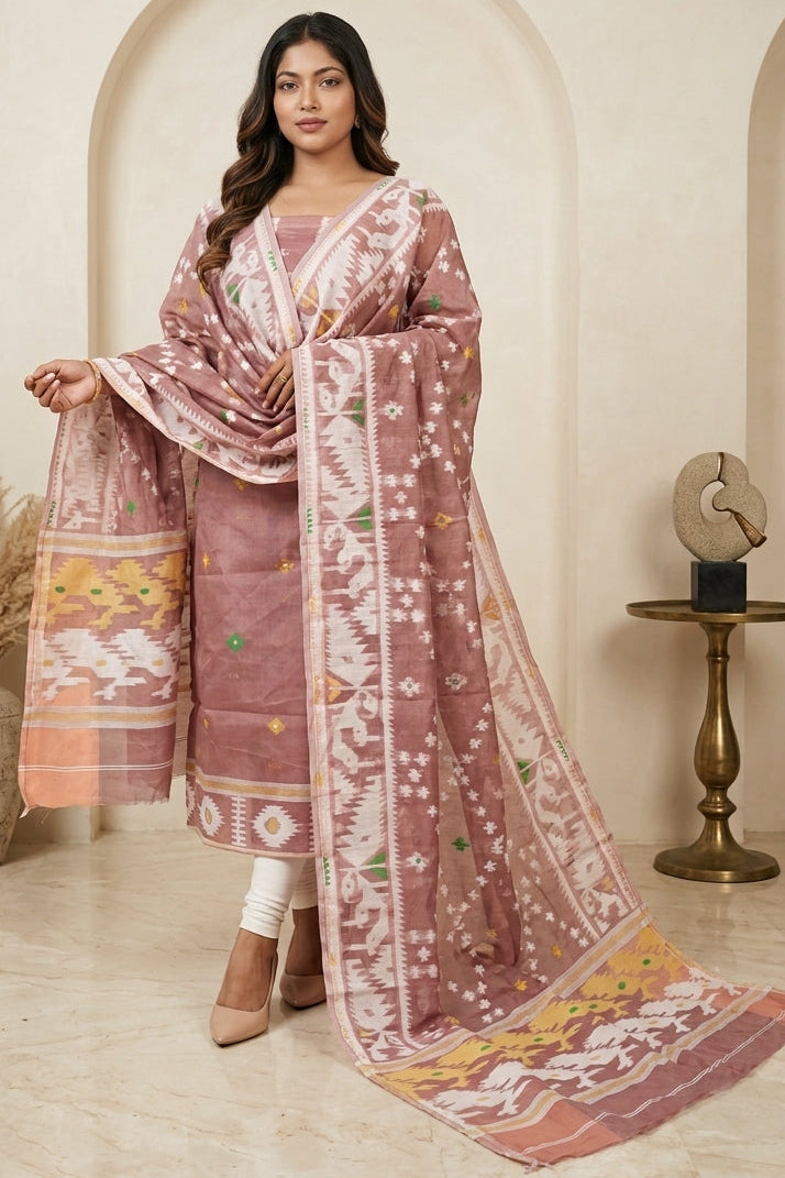 Bhorer Alo Cotton Jamdani Unstitched Dress Material (Kurti Piece and Dupatta)