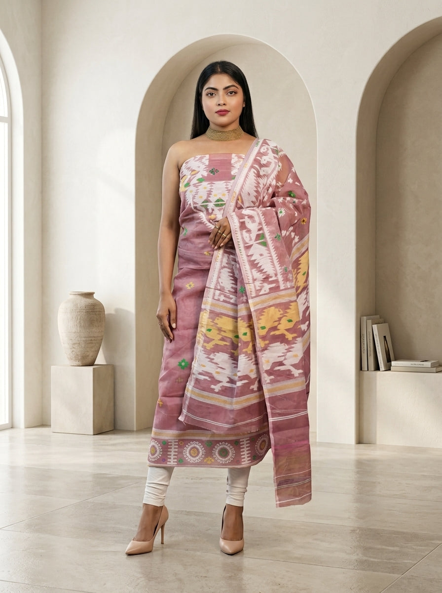 Bhorer Alo Cotton Jamdani Unstitched Dress Material (Kurti Piece and D – Monamaar