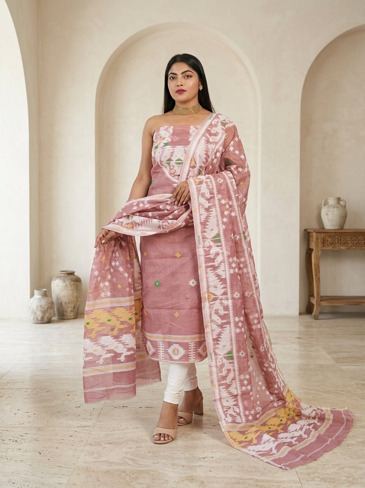Bhorer Alo Cotton Jamdani Unstitched Dress Material (Kurti Piece and Dupatta)