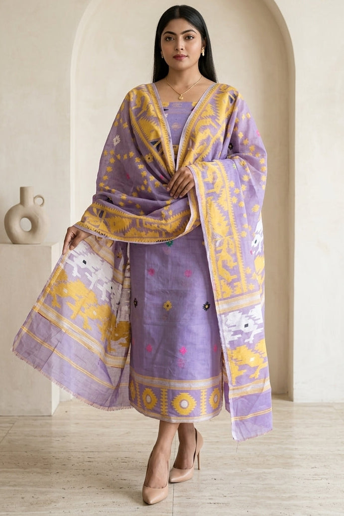 Bhorer Alo Cotton Jamdani Unstitched Dress Material (Kurti Piece and Dupatta)