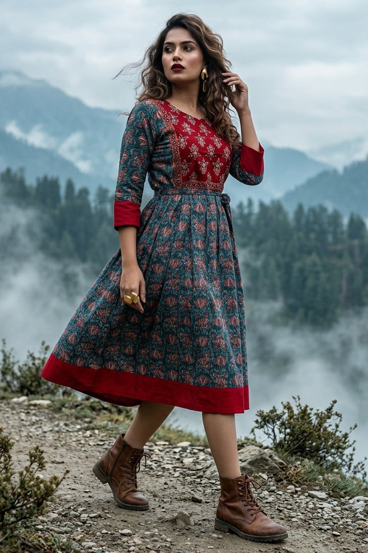 Vibrant Vine Cotton Midi Dress