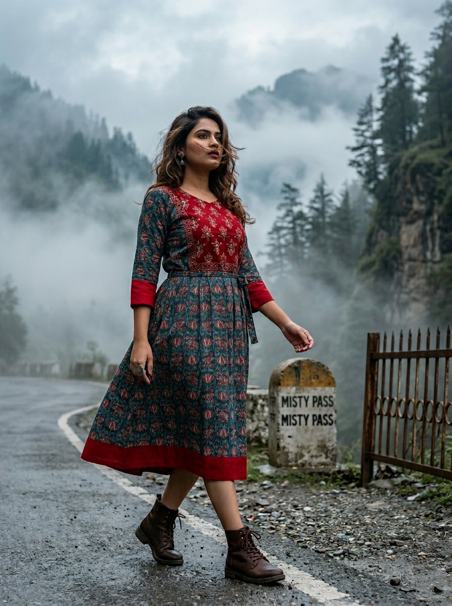 Vibrant Vine Cotton Midi Dress