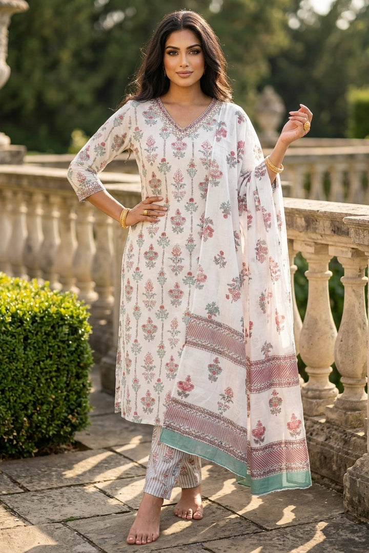 White Frame Cotton Kurti Set