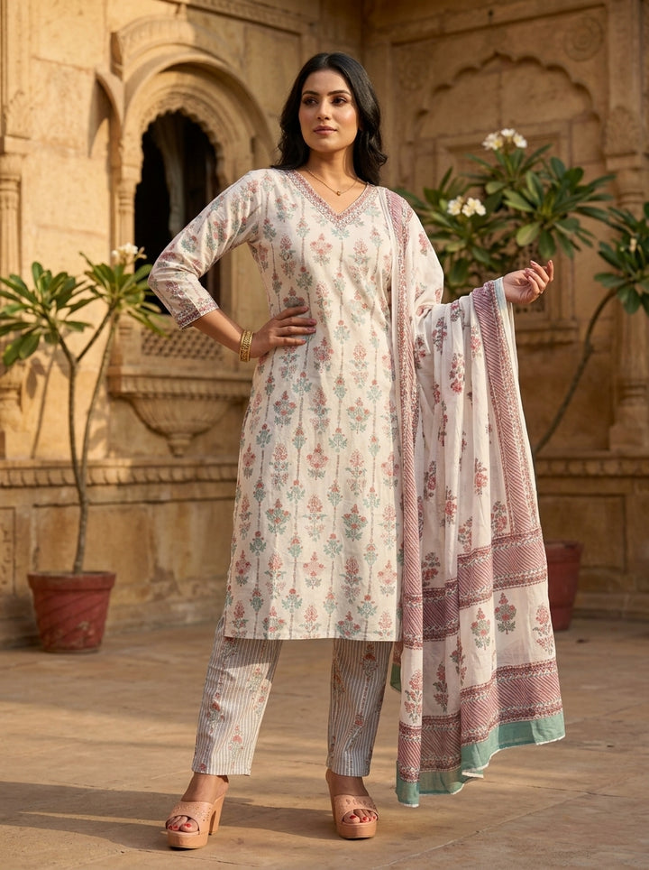 White Frame Cotton Kurti Set