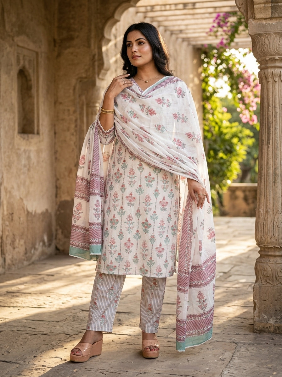 White Frame Cotton Kurti Set