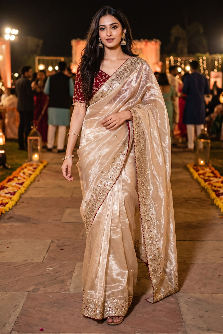 Crimson Glow  Designer Embroidery Silk Saree