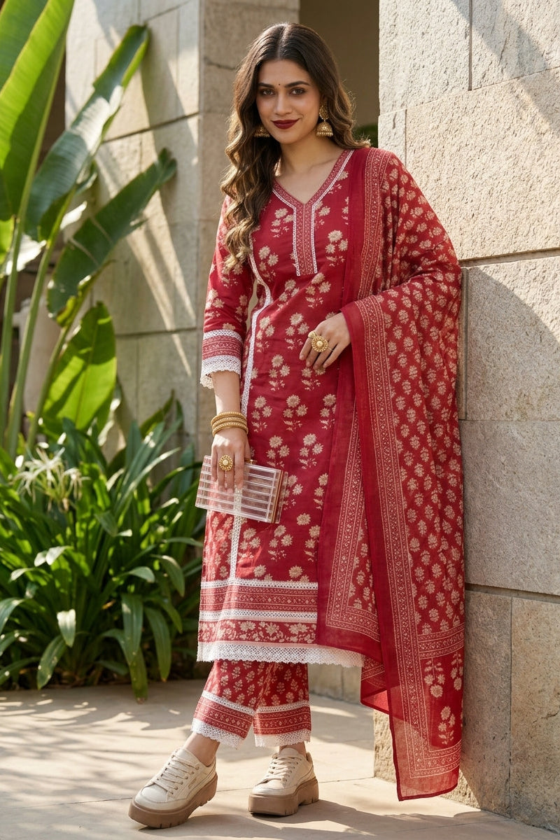 Ethniq Edge Cotton Kurti Set(Red)