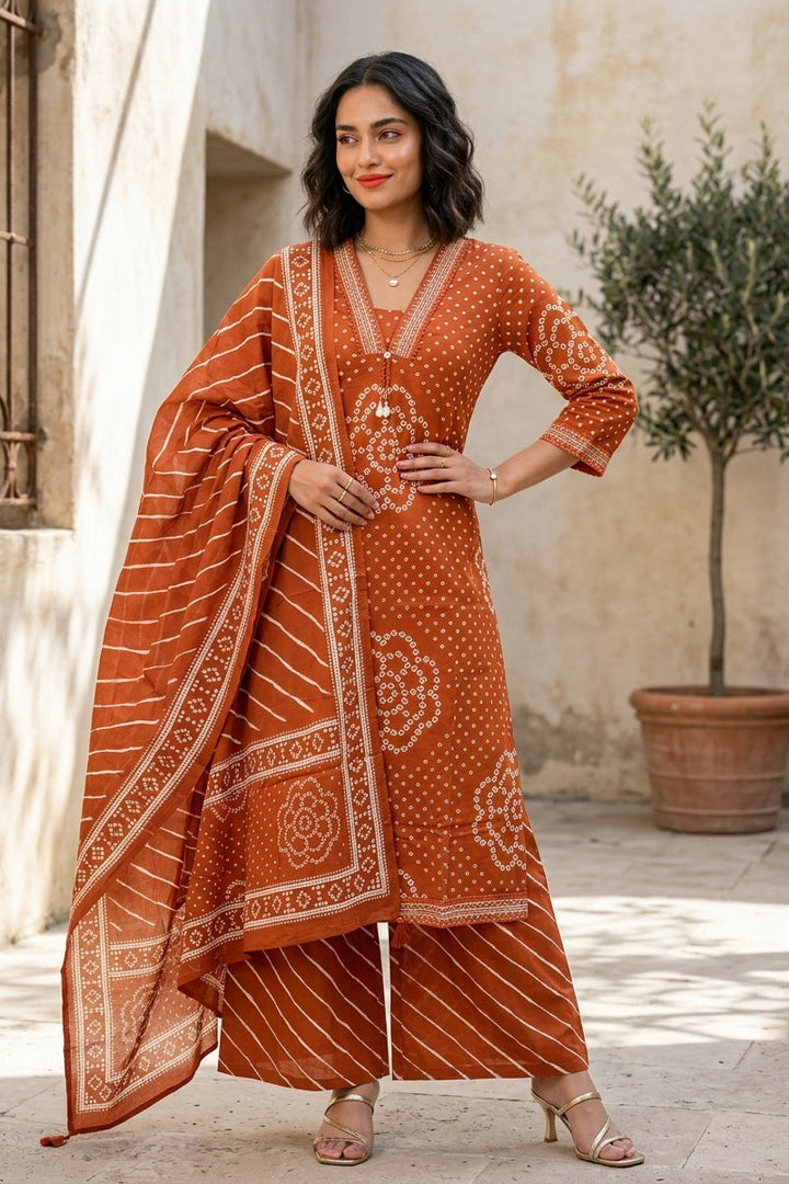Autumn Spice Bandhani Cotton Kurti Set