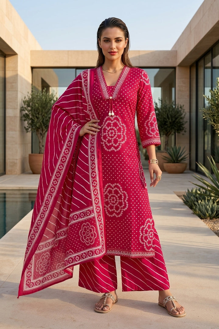 Pink Petal Leheriya Cotton Kurti Set