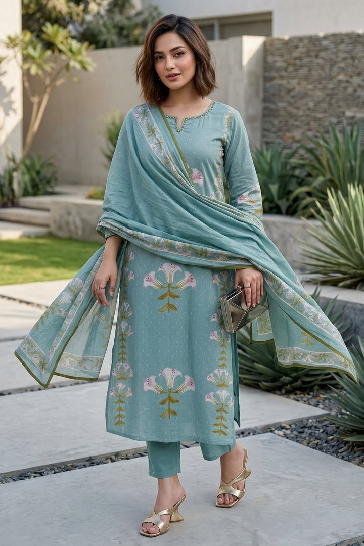 Sky Love Cotton Kurti Set (Sky blue)