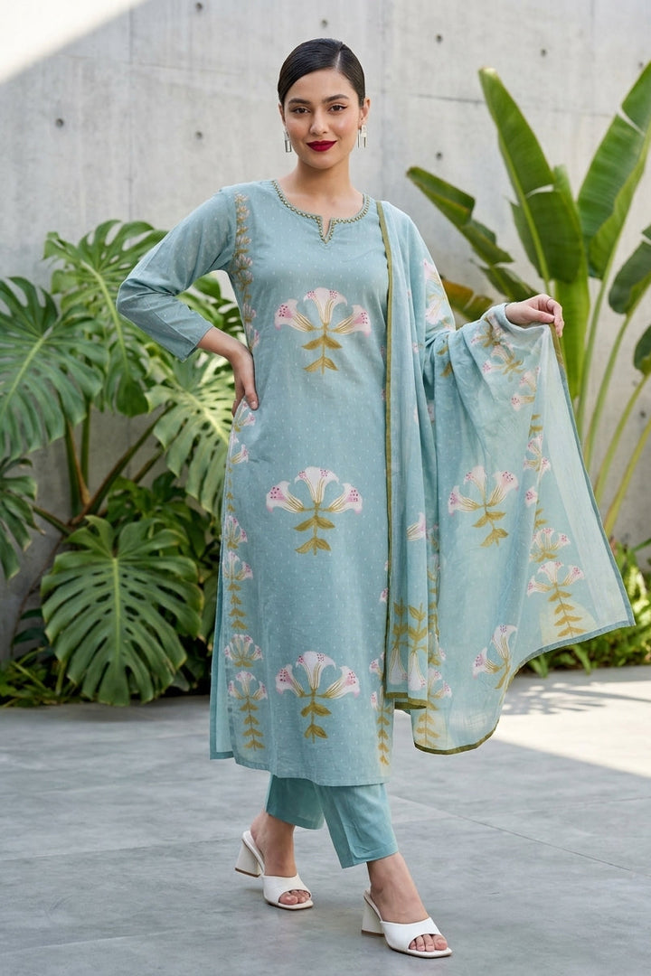 Sky Love Cotton Kurti Set (Sky blue)