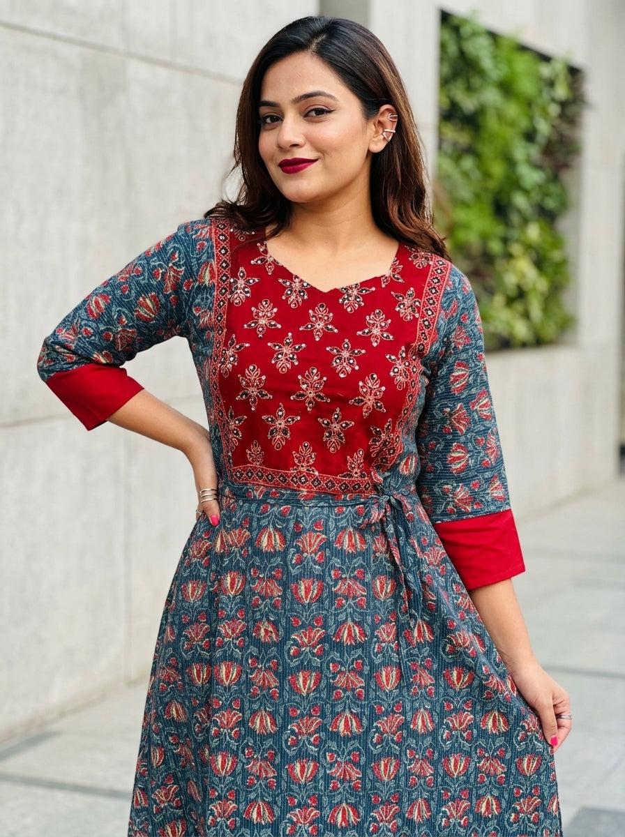 Vibrant Vine Cotton Midi Dress