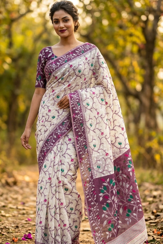 Kolkata Komol Cotton Silk Saree ( Purple )