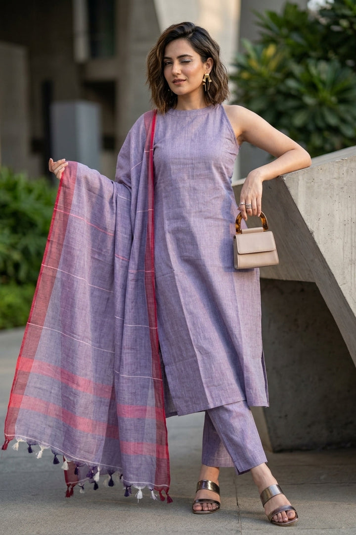 Garmi Relief Cotton Set With Linen Dupatta (lavender)