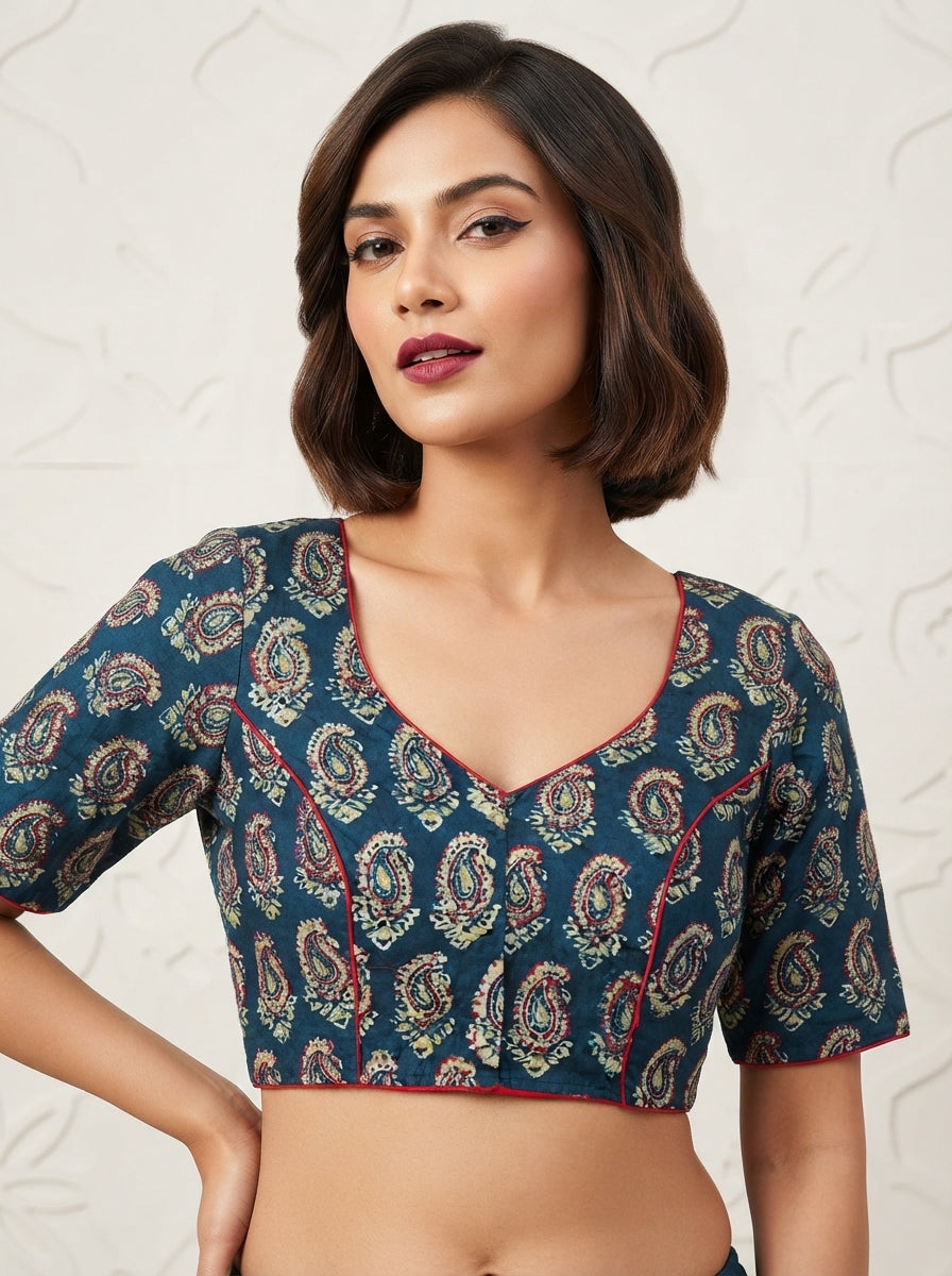Divine Desire Ajrakh Printed Kantha Embroidered Cotton Blouse
