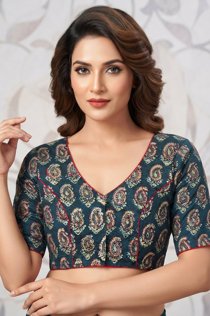 Divine Desire Ajrakh Printed Kantha Embroidered Cotton Blouse