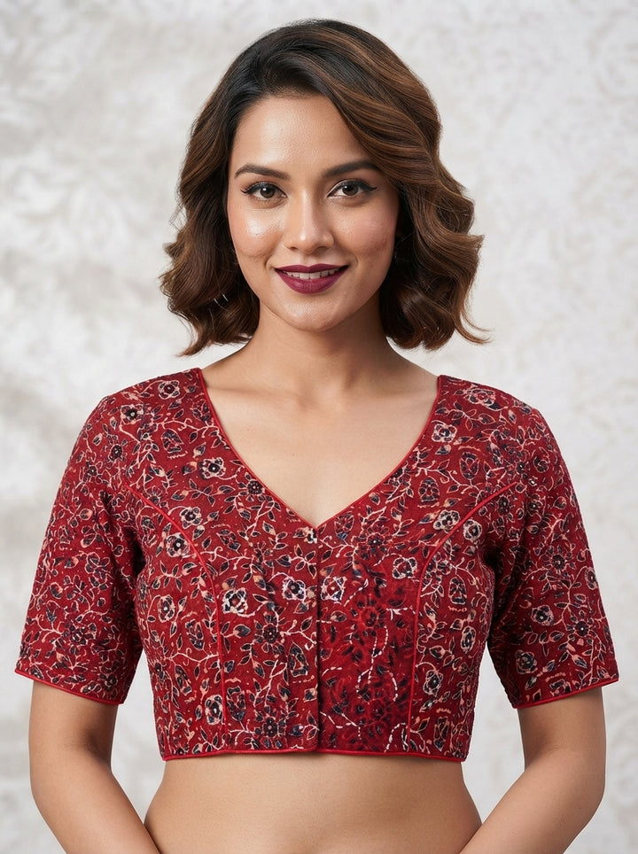 Divine Desire Ajrakh Printed Kantha Embroidered Cotton Blouse