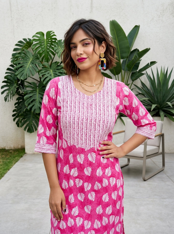 Pink Rose Cotton  Kurti Set