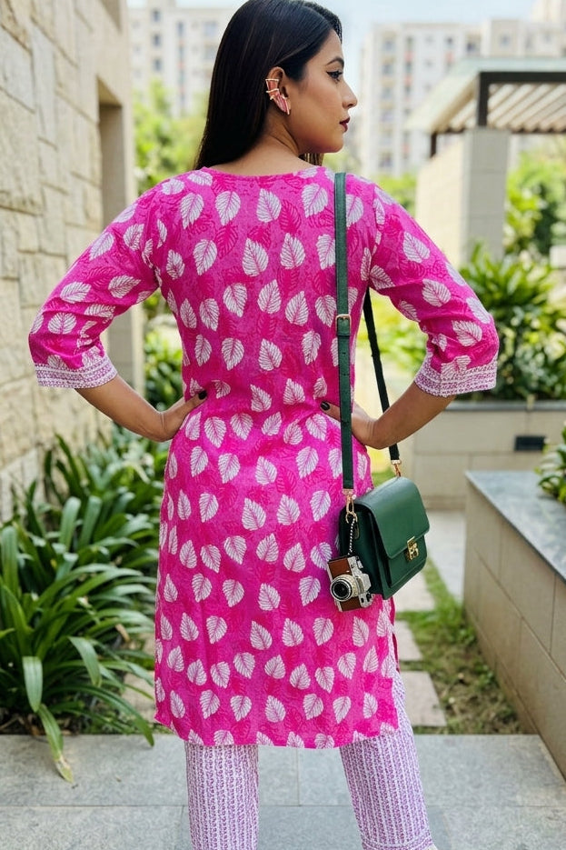 Pink Rose Cotton  Kurti Set