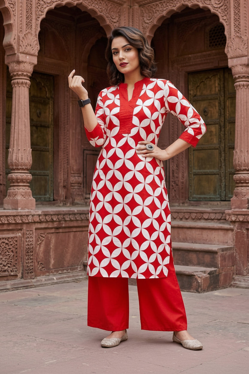 Women In Love- Cotton Coord Set(Red)