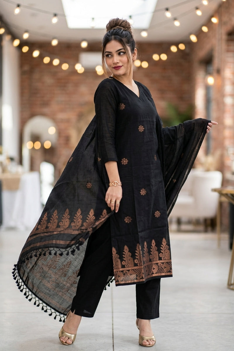 Gilded Charcoal Cotton Kurti Set
