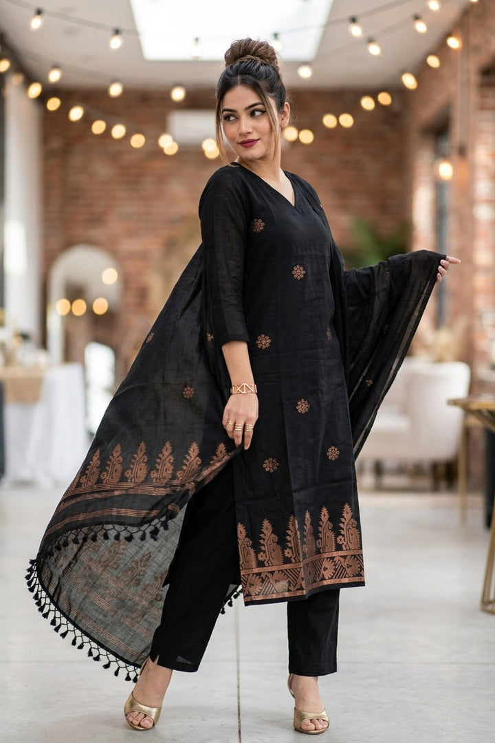 Gilded Charcoal Cotton Kurti Set