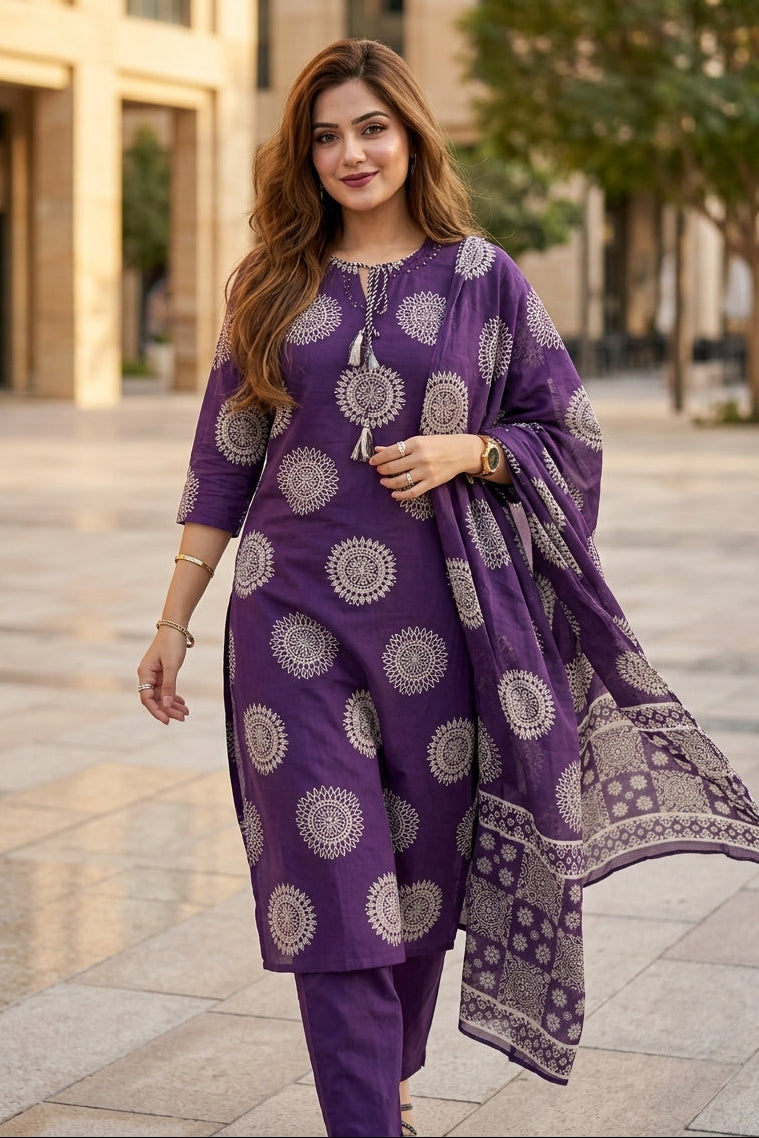 Majestic Plum Cotton Kurti Set