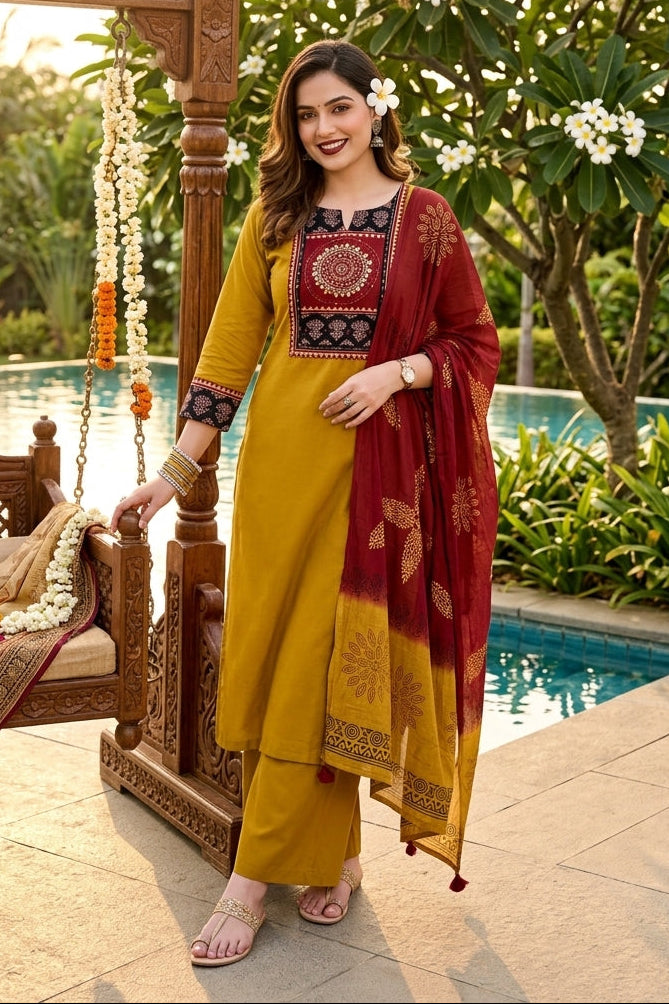 Saffron Symphony Cotton Kurti Set