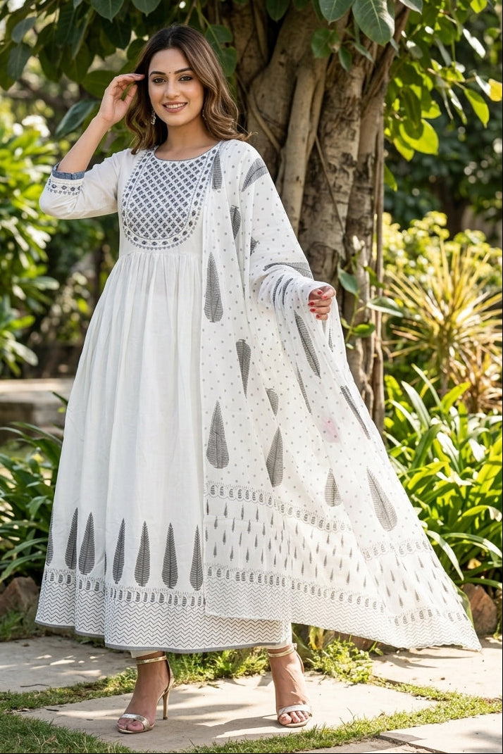 White Fun -Anarkali Cotton Suit Set