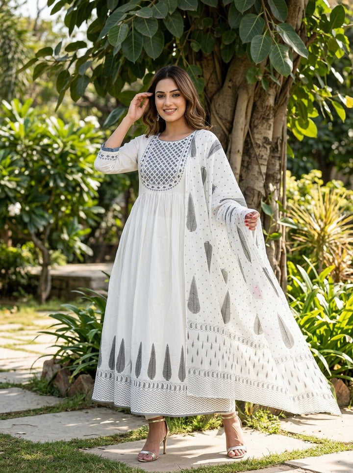 White Fun -Anarkali Cotton Suit Set