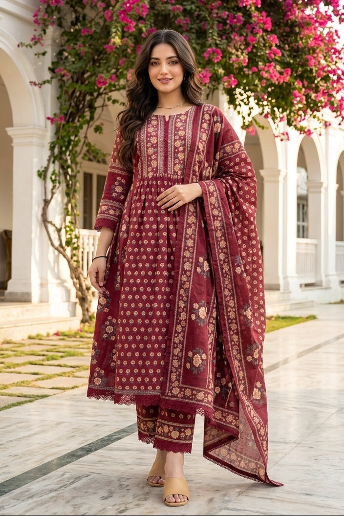 Maroon Melody Cotton Kurti Set