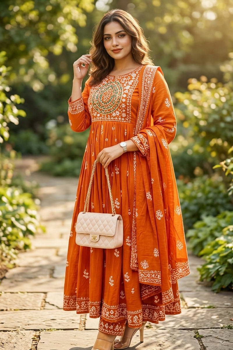Velora Rust Cotton Kurti Set