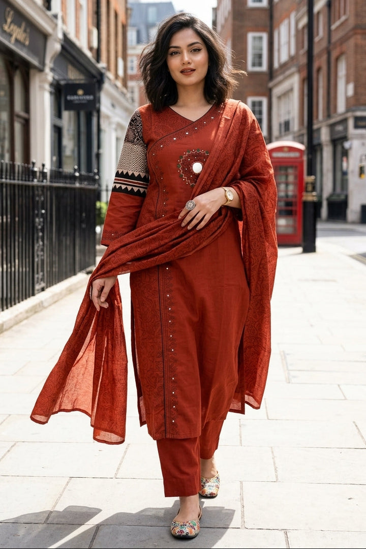 Anvee Cotton Kurti Set(Orange)