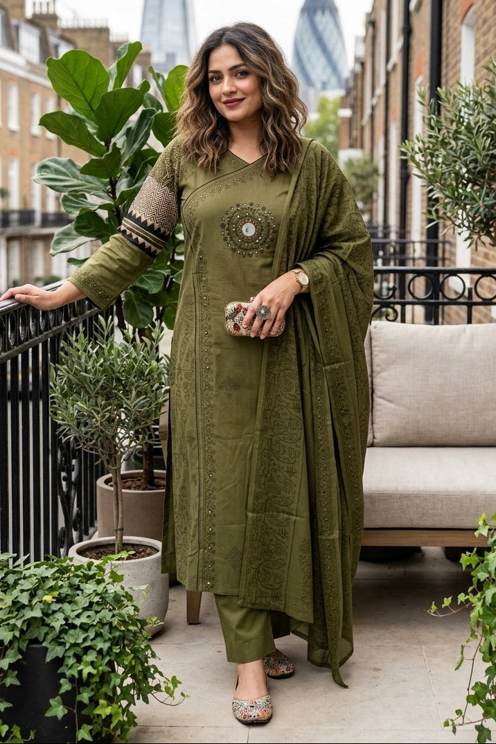 Anvee Cotton Kurti Set(Green)
