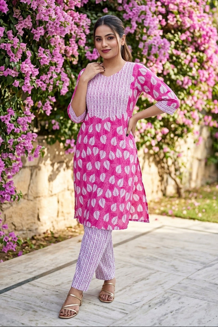 Pink Rose Cotton  Kurti Set