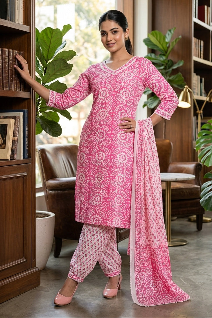 Cute Pockets Cotton Kurti Set (Attractive Pink)