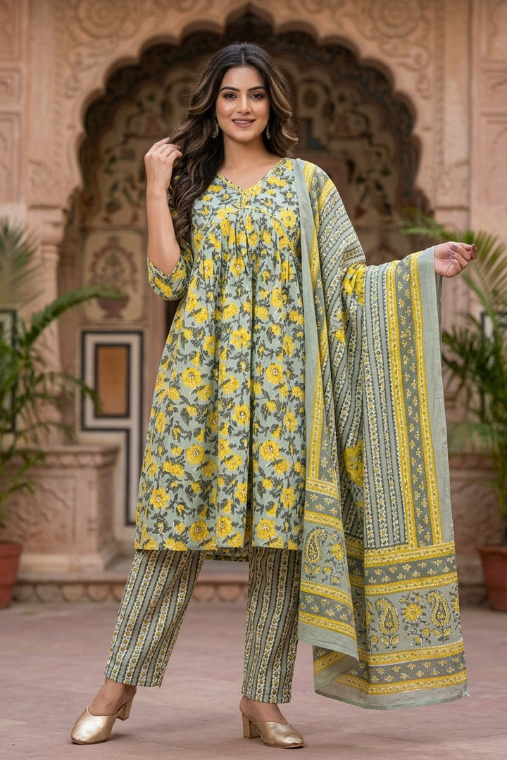 Ethnic Crush - The Jaipuri Kurti Set (Emerging Green And Yellow )