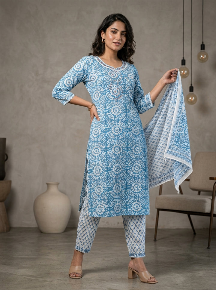 Cute Pockets Straight Cotton Kurti Set(Spirit Of Blue)